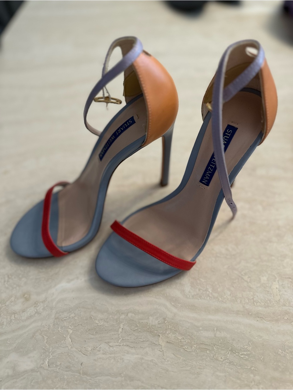 Stuart Weitzman Multicolor Strappy Stiletto Sandals — Blue, Red, Orange, Lilac